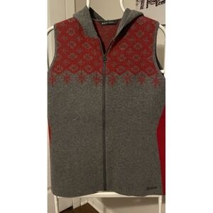 Woolrich Fair Isle Hooded Sweater Vest Womens MED Heather Gray Red Lambswool
